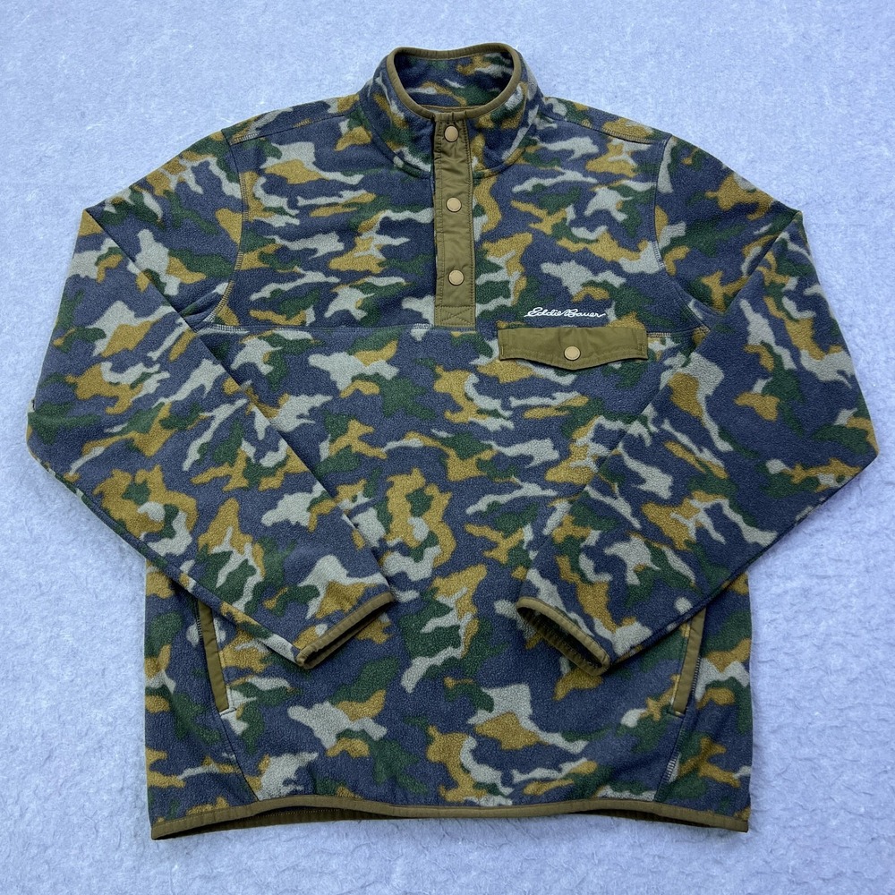 Eddie Bauer T-Snap Fleece‎ Mens Medium Camo Mock Neck Chutes Mushroom Pullover